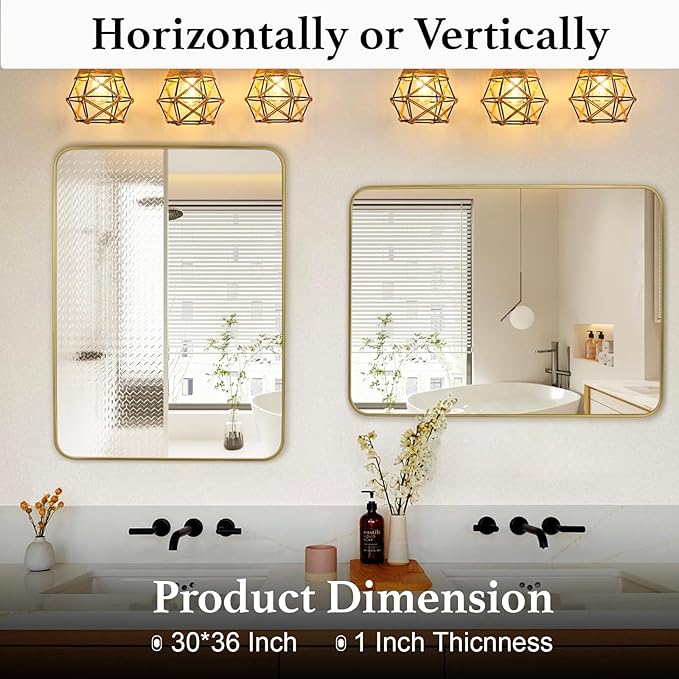 Gold Wall Mirror for Bathroom 30X36 Inch Stainless Steel Metal Frame Bathroom Vanity Mirror Rounded Rectangle Mirror Rustproof for Entryway, Living Room Hangs Vertically or Horizontally