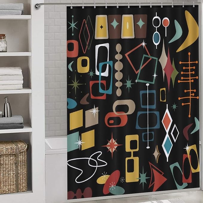 Mid Century Shower Curtain, Modern Abstract Atomic Geometric Print Pattern Colorful Black Retro 1950s 1960s Pastel Vintage Waterproof Fabric Bathroom Shower Curtain Set with Hooks, 72"x84" Inch