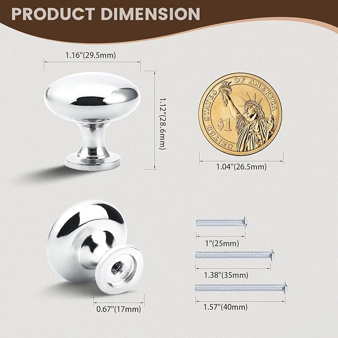 50 Pack Polished Chrome Cabinet Knobs Drawer Knobs Dresser Knobs,Solid Round Kitchen Cabinet Pulls for Dresser Drawers,1-3/16 Inch(29.5mm) Drawer Pulls