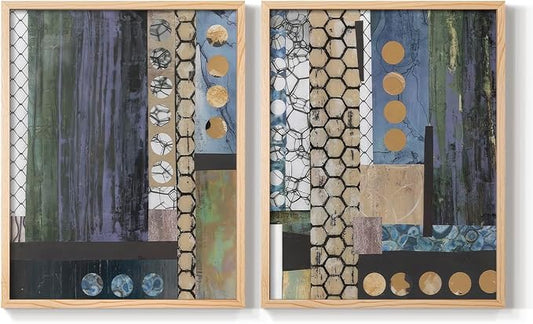 Renditions Gallery Set of 2 Peel & Stick Framed Prints, Geometric Abstract Wall Art, Hexagonal and Circular Pattern Wall Decor, Re-Stickable - Ready to Hang - 22"x28" - NATURAL WOOD Frame LT588
