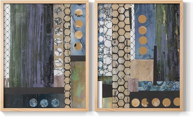 Renditions Gallery Set of 2 Peel & Stick Framed Prints, Geometric Abstract Wall Art, Hexagonal and Circular Pattern Wall Decor, Re-Stickable - Ready to Hang - 11"x14" - NATURAL WOOD Frame LT588