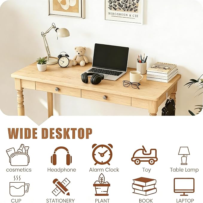 100% Solid Wooden Desk with Drawers - 47.2” Mid Century Modern Desk with 2 Hooks, Writing Desk with Drawers, Simple Work Study Table for Bedroom & Home Office - Natural Boho Desks