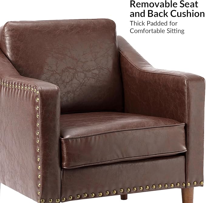 HULALA HOME Faux Leather Accent Armchairs Set of 2 with Back & Seat Cushions, Traditional Club Chairs with Nailhead Trim, Comfy Upholstered Sofa Chairs for Living Room Bedroom, Brown