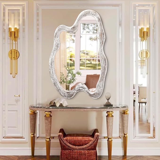 AAZZKANG Irregular Wooden Wall Mirror 32"x24" Large Asymmetrical Mirror Decorative Vintage Irregular Mirror for Bedroom Living Room Entryway