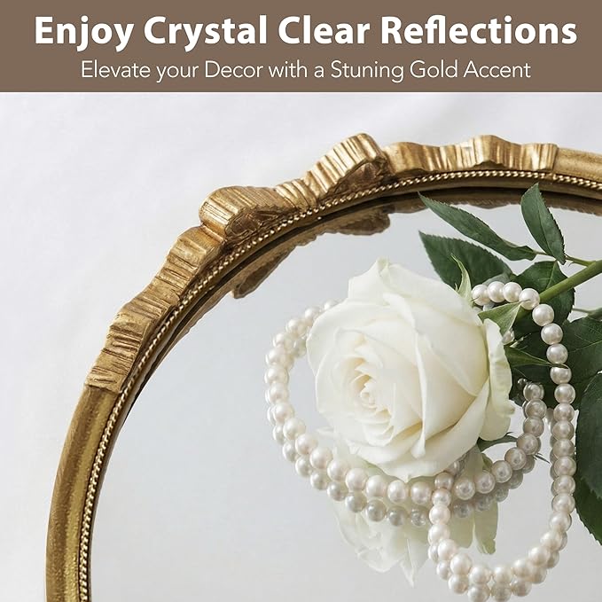 Vintage Gold Elegant French Bow Round Wall Mirror 28" | Ribbon & Beaded Metal Frame, Antique Decorative Wall Mirror, for Nursery, Girls Room, Bedroom