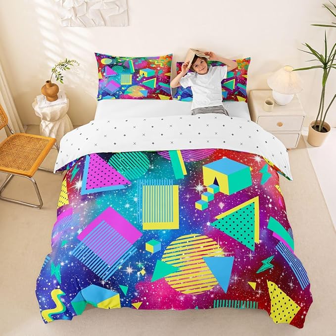 Universe Stars Comforter Cover Cosmic Outer Space Bedding Set for Teens Mens Boys Retro 80s 90s Memphis Duvet Cover Circular Triangle Geometric Quilt Cover Urban Art Bedroom Decor King Size