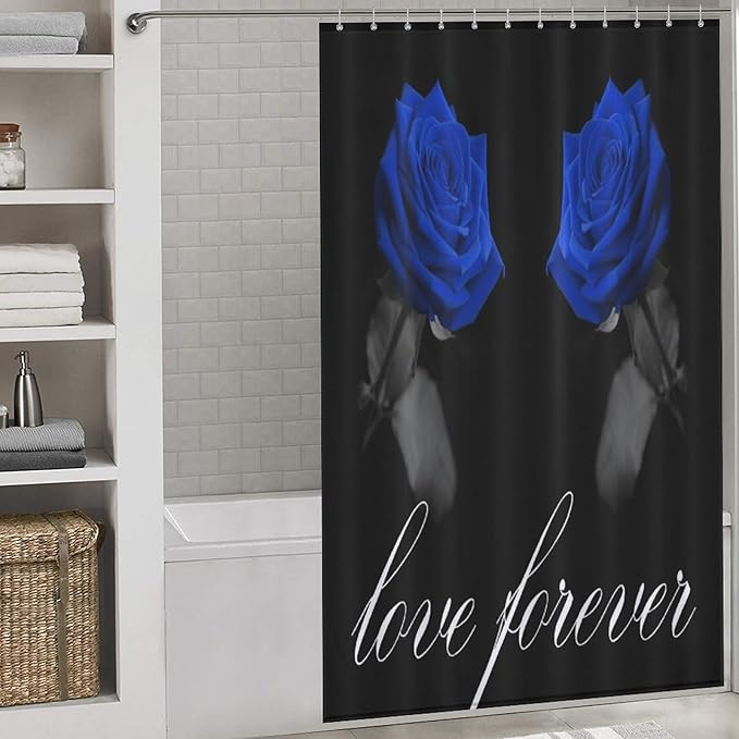 Blue Rose Flower Shower Curtain Vintage Valentine's Day Love Forever Rose Floral Modern Waterproof Shower Curtains for Bathroom Decor 12 Pack Hooks 55x72in（140x183cm）