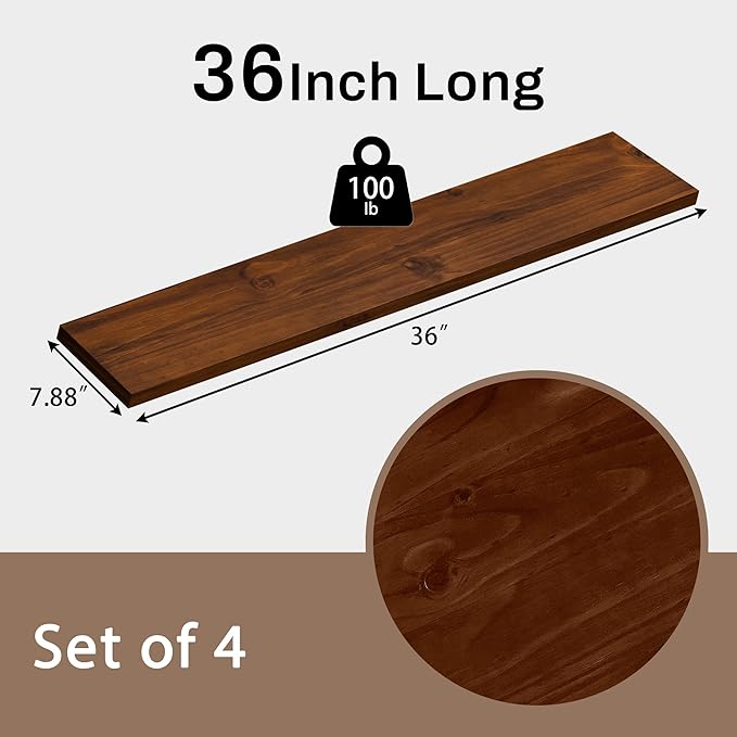 36-Inch Solid Walnut Floating Shelves Set of 4-Rustic Farmhouse Wall Shelves with 100 lb Capacity, Heavy Duty Easy Install for Bathroom, Kitchen, Living Room&Home Decor (Walnut, 4T36IN)