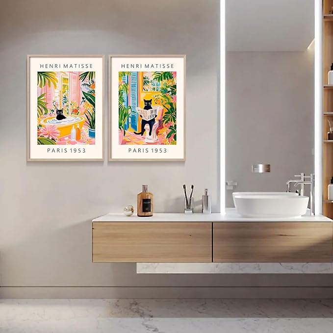 2Pcs Wood Framed Matisse Black Cat Wall Art Decor Painting Modern Art Canvas Print Vintage Color Poster Bathroom Bedroom Living Room Wall Decor Gallery Style Home Artwork 12X16 Inch