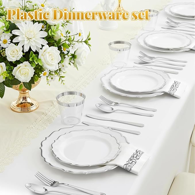 175 Plastic Dinnerware Set,Silver Disposable Dinnerware Set for 25 Guests Include 50 Plastic Plates,25 Silverware Set,25 Cups and 25 Napkins for Christmas,Party,Wedding,Thanksgiving