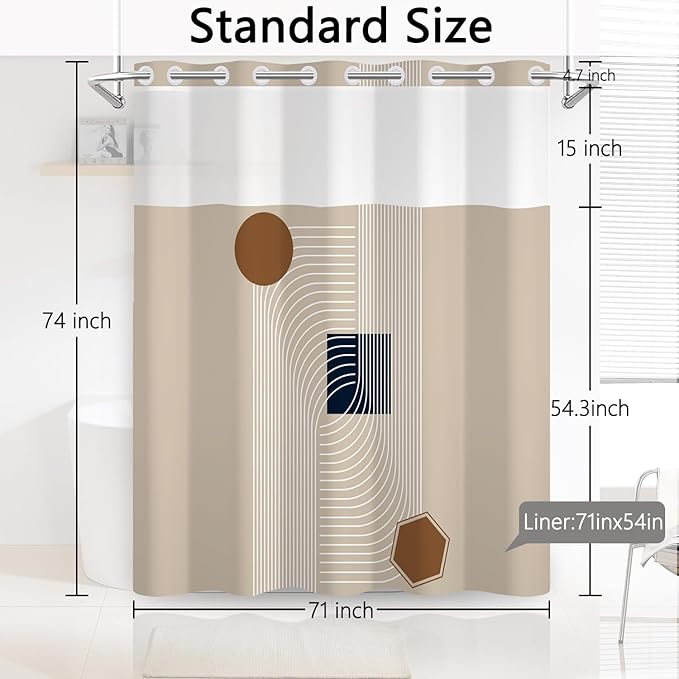No Hook Boho Shower Curtain with Snap in Fabric Liner Set, Abstract Geometric Design, Mid Century Style Waterproof Shower Curtains for Bathroom, 71x74 Inches