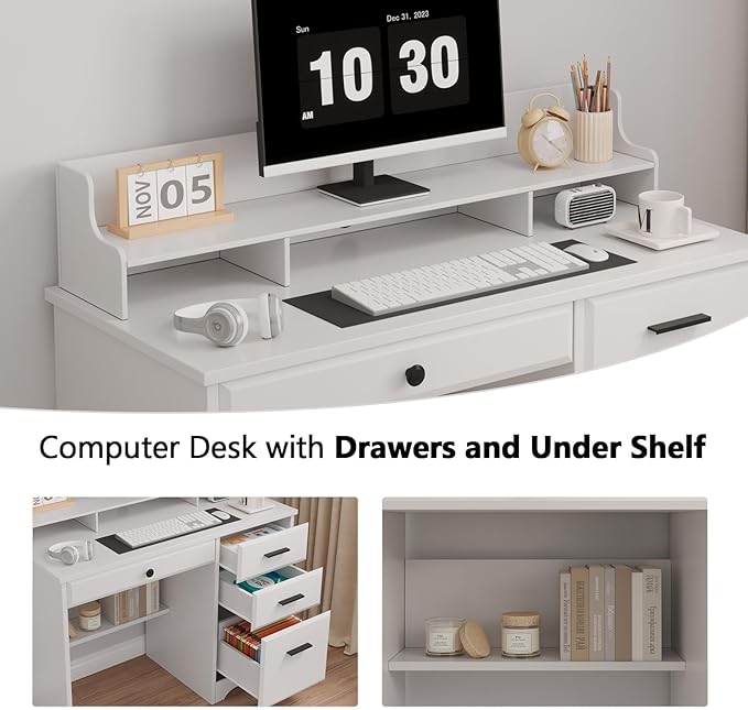 4 EVER WINNER White Desk with Drawers, Small Desk with File Drawer for Small Spaces, Writing Desk with Monitor Stand Wood Table for Study Home Office, White