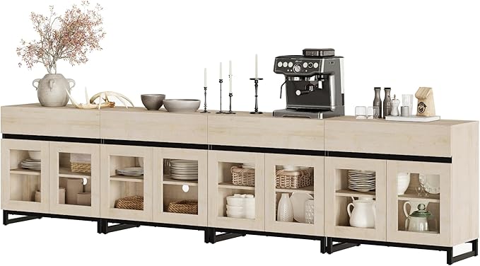 WAMPAT 4 in 1 Sideboard Buffet Cabinets with 8 Glass Doors, Modern Sideboard Credenza, Coffee Bar Storage Cabinet for Living Room, Kitchen, Light Oak
