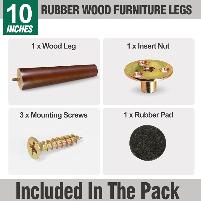 FoDau770 Brown Rubber Wood Furniture Legs 10 Inches, 5/16" UNC Straight Tapered Wood Feet Mid Century Sofa Legs, Wooden Furniture Feet Replacement Parts for Cabinet Couch Dresser Chair Ottoman Table