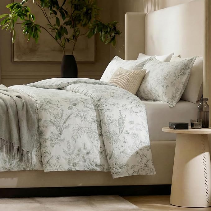 Duvet Cover Set Queen Size 100% Nature Cotton Reversible Botanical Queen Duvet Cover Set 3 Pieces Soft & Breathable Bedding Set with Zipper Closure & Corner Ties