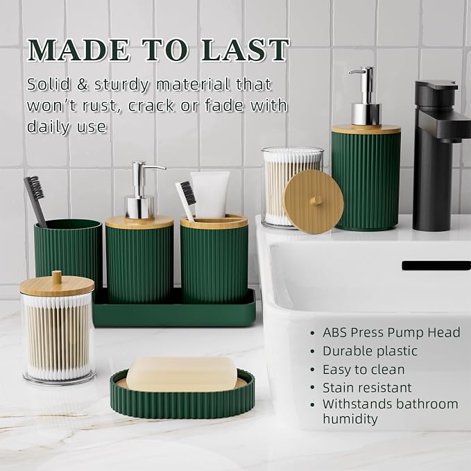 10PC Bathroom Accessories Set - Dark Green and Wooden Bathroom Sets, Bathroom Accessory Set with Pop Up Trash Can, Toilet Brush, Trash Can, Qtip Holder & Soap Dispenser