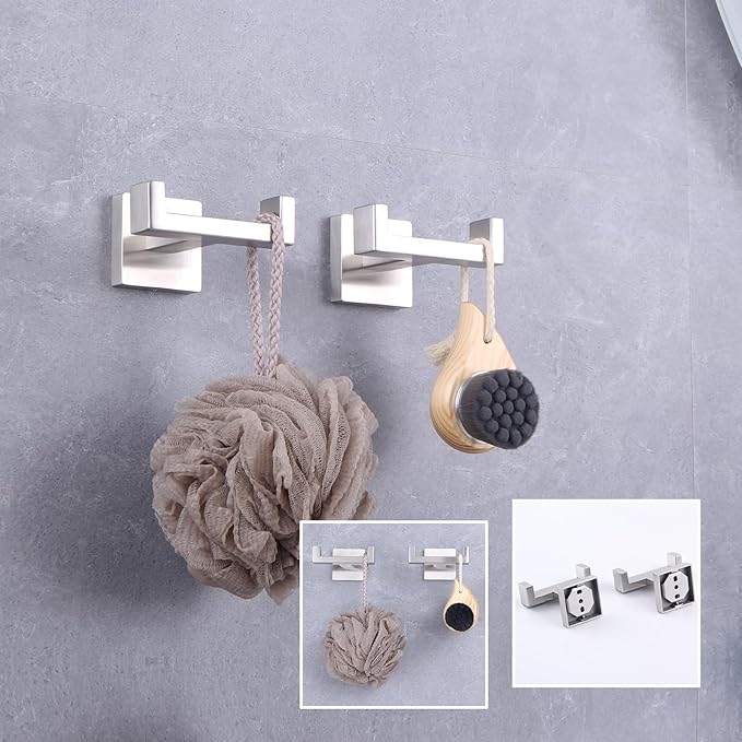 GERZWY Brushed Stainless Steel Coat/Robe Clothes Hook for Bath Kitchen Modern Hotel Style, Bathroom Double Towel Hook Wall Mounted 2 Pack AG1417B-LS