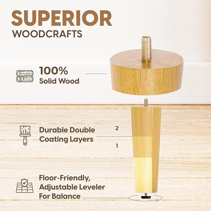 Yes4All 8 Inches Round Natural Solid Wood Furniture Legs Set of 4, Heavy Duty 800 Lbs Capacity Furniture Legs with Leveler, Replacement Legs for Furniture, Couch, Sofa, Dresser, Ottoman