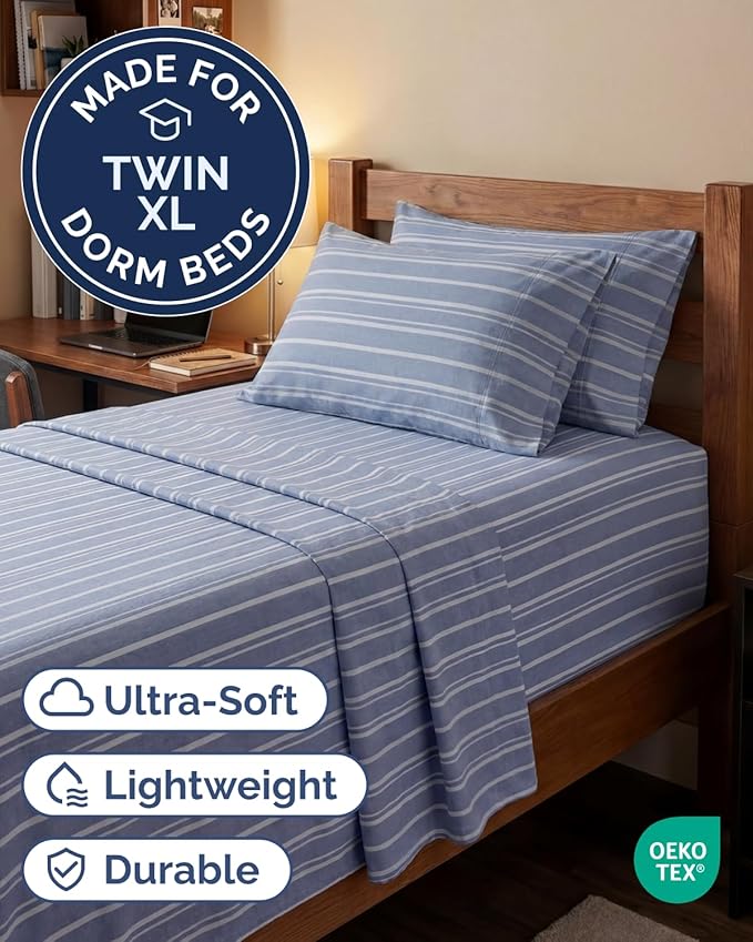 Extra Deep Twin XL Sheet Set - 4 Piece College Dorm Bed Sheets Set with Extra Deep Pockets - Ultra-Soft, Comfy & Breathable Bedding for Women, Men, Kids & Teens - Wrinkle & Fade Free - Blue Stripes 3