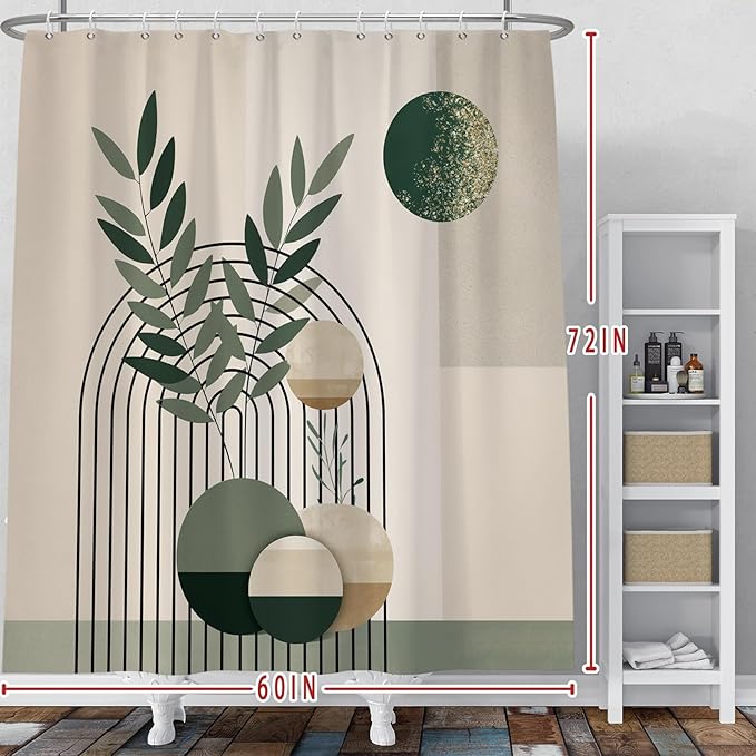 Baocicoo Mid Century Bohemia Green Moon Leaves Shower Curtain for Bathroom - Geometric Aesthetic Bathtub Decor - Polyester Durable Shower Curtain with Hooks - 60x72 Inches