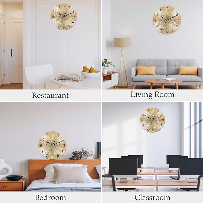 Yellow Round Wall Clocks 10 Inch Abstract Yellow Sunburst Vignette Splatter Style Industrial Silent Non-Ticking Battery Operated PVC Clock for Wall Home Decor Kitchen Living Room Bedroom Office
