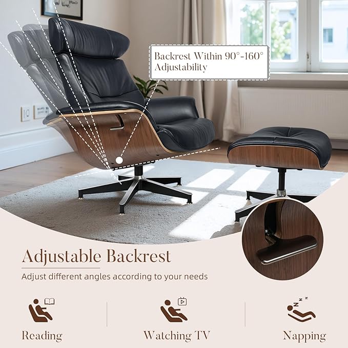 Mid Century Modern Chaise Lounge Chair with Ottoman,Swivel Accent Chair Top Black Full Grain Leather,Walnut Wood,Adjustable Backrest Headrest,Heavy Duty Metal Base for Office,Living Room,Black