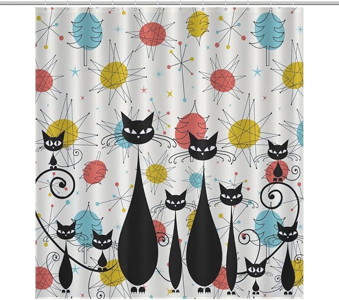 Mid Century Modern Shower Curtain,Retro 60s Abstract Atomic Cat Diamonds Geometric Bathroom Curtain Polyester Waterproof Fabric Decor 66x72in（168x183cm）