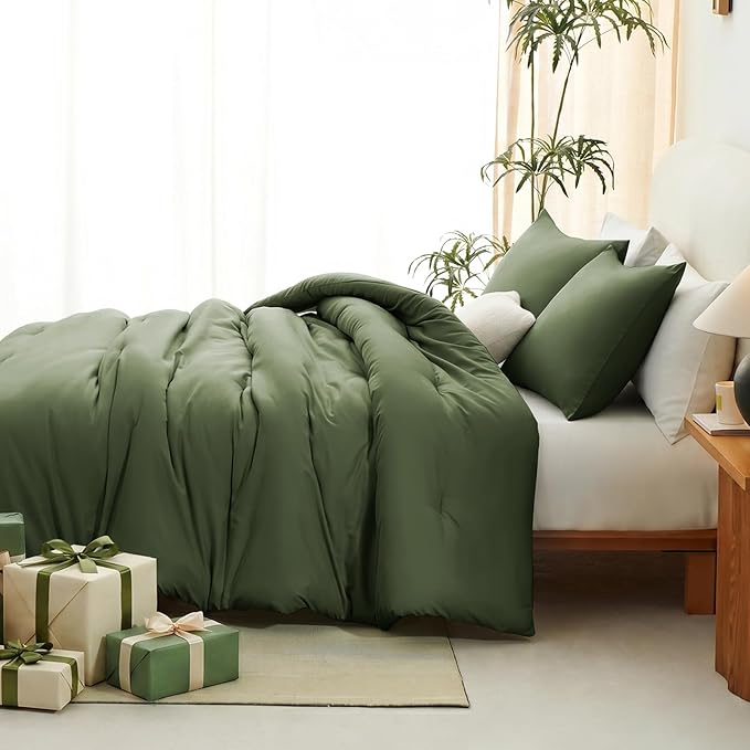 CozyLux Queen Comforter Set Olive Green, 3 Pieces Lightweight Comforters Queen Size Bedding Sets, All Season Breathable Solid Down Alternative Comforter with 2 Pillowcases, Bed Set Gift for Home