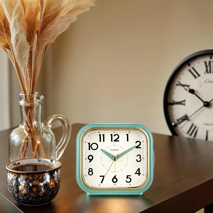 Tinload 4.3" Vintage Retro Analog Alarm Clock, Super Silent Non Ticking Clock with Manual Light, Snooze, Battery Operated, Simply Design, for Living Room, Bedroom, Bedside, Desk(Green-V2)