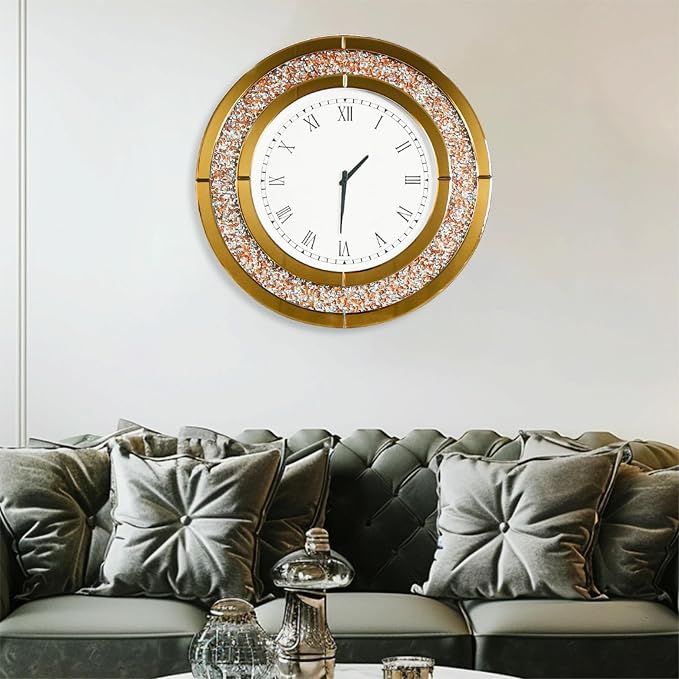 Crushed Diamond Wall Clock Round Decorative Mirrored Clock 32 inch Brown