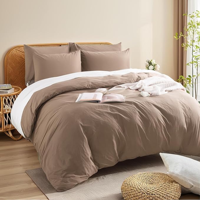 NEXHOME PRO 100% Washed Cotton Duvet Cover Queen Size, Ogranic Natural Linen Feel Breathable Bedding Set with Zipper Closure, 3 Pieces Duvet Cover Set Toffee (No Comfortert) 9090