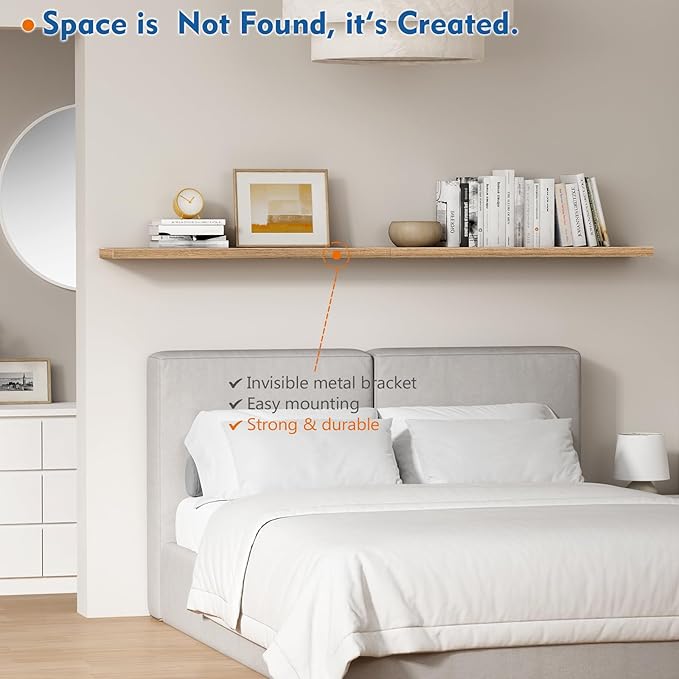 Light Wood Floating Shelves for Wall 36 Inch x 8 Deep, Extra Large Wall Shelf for Bedroom Living Room Books, Long Hanging Shelves for Office Bookshelf Art Decor (Light Brown Color, Set of 2)