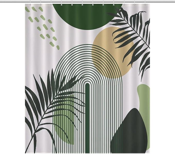 Boho Mid Century Sun Shower Curtain Printed Modern Rainbow Leaves Green Design Washable Waterproof Fabric for Bathroom Decor Bathtub with 12 Hooks 55x72in（140x183cm）
