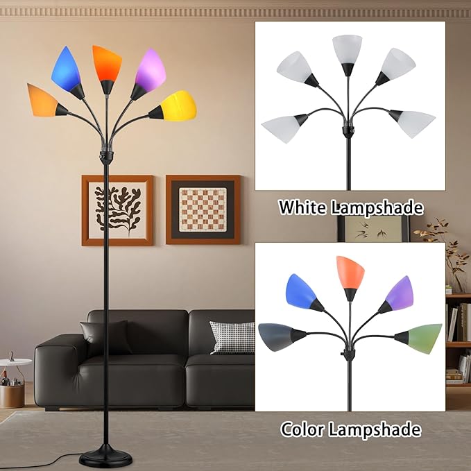 Medusa Floor Lamp, Multi Head 5 Light Floor Lamp for Bedroom with 10 Lampshade, Adjustable Neck Reading Standing Lamp for Living Room,Office,Kids,Classroom (Black)