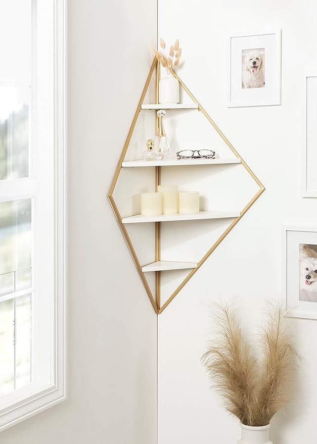 Kate and Laurel Melora Modern Glam Corner Shelf; 24 x 17 x 38; White and Gold; Glamorous Floating Corner Shelving with Four Shelves and Unique Geometric Shape