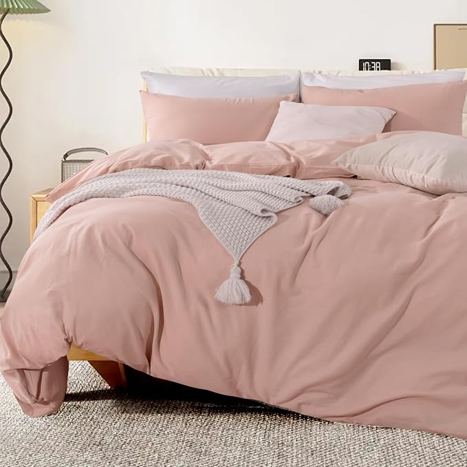 NEXHOME PRO Duvet Cover Set Queen Size Linen Feel Textured Organic Natural 100% Washed Cotton Duvet Cover 3 Pieces Bedding Set with Zipper Closure, Breathable Dusty Pink (No Comforter)