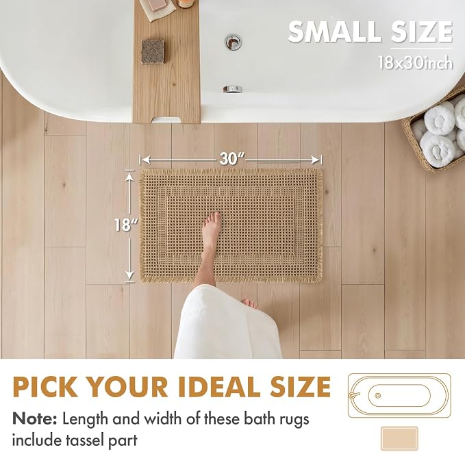 MIULEE Set of 2 Waffle Bathroom Rugs, Boho Bath Rug Super Absorbent, Non Slip Washable Ultra Soft Rubber Backed Shower Bath Mats for Floor, Tub, Shower, Looped Design, Brown, 18x30 Inch