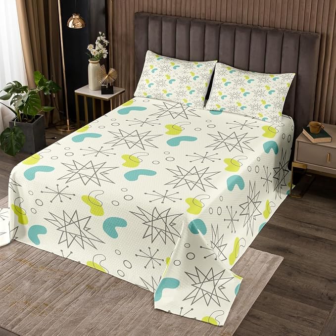 Erosebridal Hippie Minimalism Bedspread Twin Size Fifties Old Fashion Quilt Set, Abstract Atomic Art Coverlet Set Beige Teal Aesthetic Bedding Set, Modern Mid Century Bed Cover with 1 Pillowcase