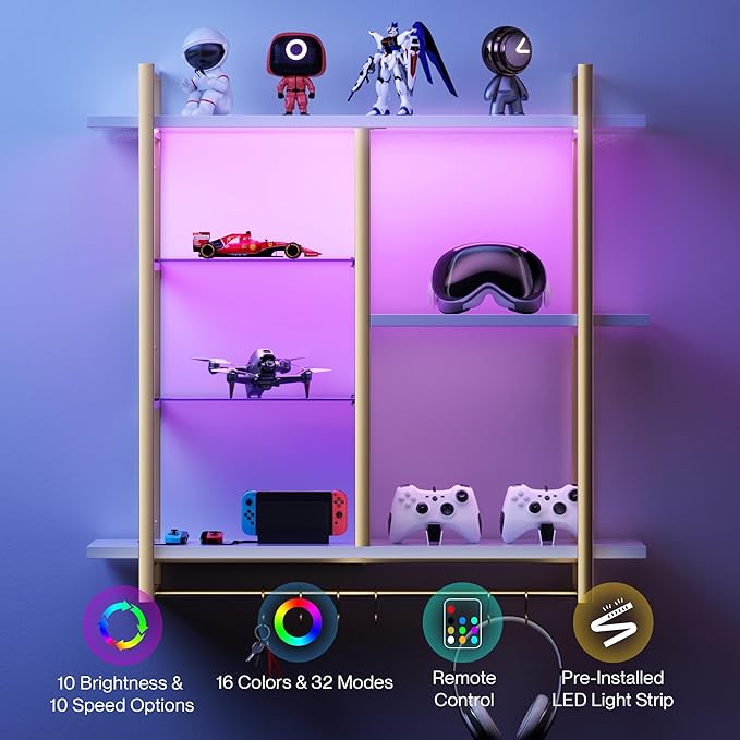 BELLEZE 40" Floating Shelves with LED Lights, 4-Tier Wall Mounted Shelf with Hooks for Kitchen, Bar, Living Room - MDF Display Rack for Coffee Bar, Books, Decor (Remote Control, 16 Colors + 32 Modes)