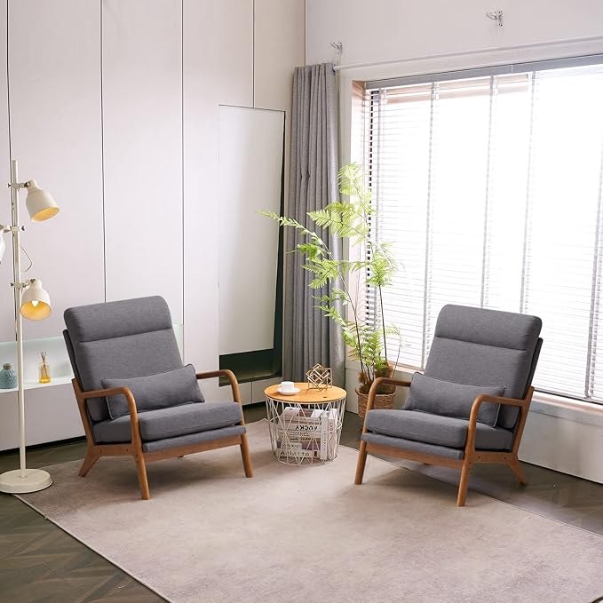 Karl home Accent Chair Mid-Century Modern Chair with Pillow High Back Linen Fabric Upholstered Lounge Arm Chair with Solid Wood Frame & Soft Cushion for Living Room, Bedroom, Balcony, Gray