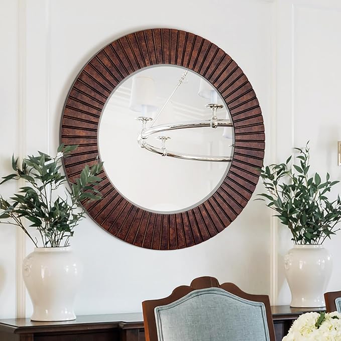Chende 36'' Circle Mirror with Wood Frame, Large Decorative Mirror for Living Room, Farmhouse Bathroom Mirrors with Bronze Groove Finish for Entryway, Bedroom