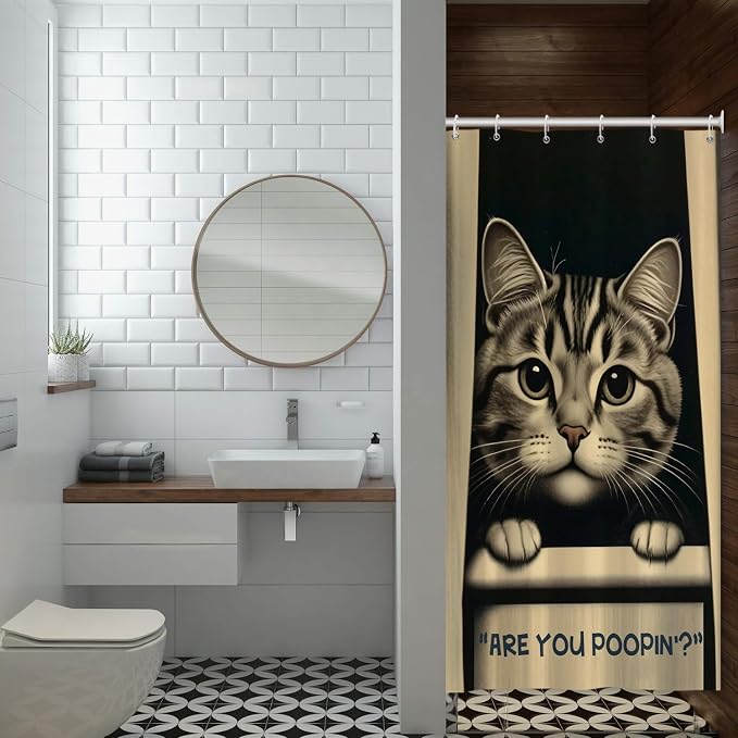 Cat Shower Curtains Cute are You Poopin' Funny Humorous Animal Whimsical Bathroom Curtain Curious Joke Cat Shower Curtain Sets for Bathroom Extra Long 54x72 in with 10 Hooks