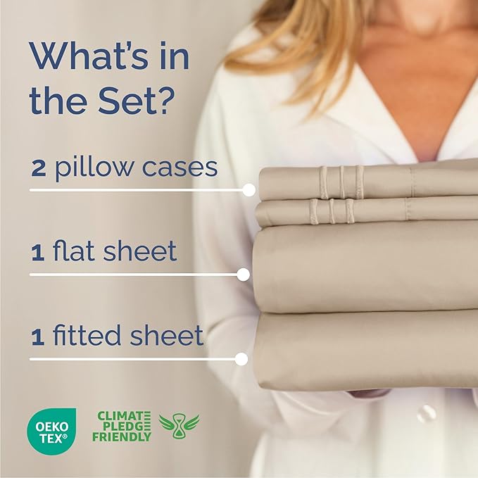 Cal King Size 4 Piece Sheet Set - Comfy Breathable & Cooling Sheets - Hotel Luxury Bed Sheets for Women & Men - Deep Pockets, Easy-Fit, Extra Soft & Wrinkle Free Sheets - Cream Oeko-Tex Bed Sheet Set