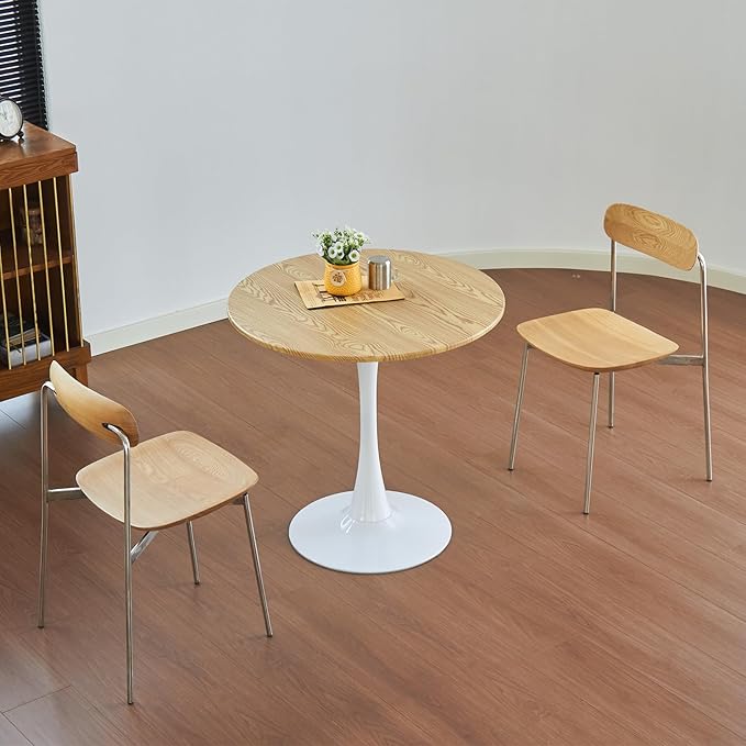 Round Dining Table, 24" Circle Tulip Table with Thickened Tabletop & Metal Pedestal, Mid Century Modern Bistro Table for Kitchen, Small Places, Living Room, Cafe (Light Brown)