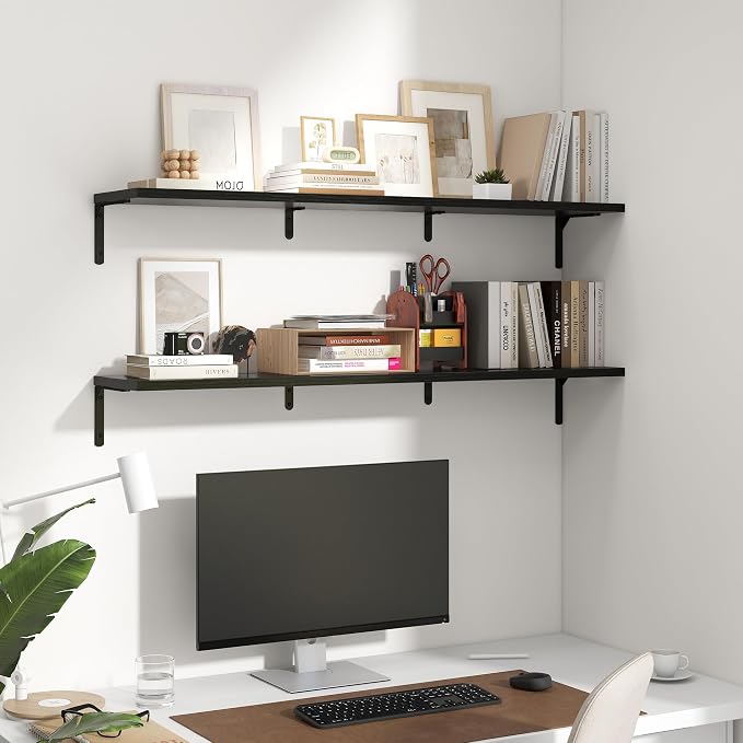 Fun Memories Deep Floating Shelves, 48W x 8D Floating Shelves Set of 2, Wall Mounted Shelf with Metal Brackets, Rustic Wood Wall Shelf for Bathroom, Kitchen and Living Room, Black