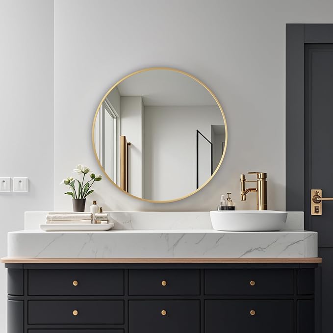 Round Mirror, Wall Mounted Circle Mirror with Brushed Metal Frame, Circular Mirrors for for Bathroom, Living Room, Vanity, Bedroom, Entryway, 24inch, Gold