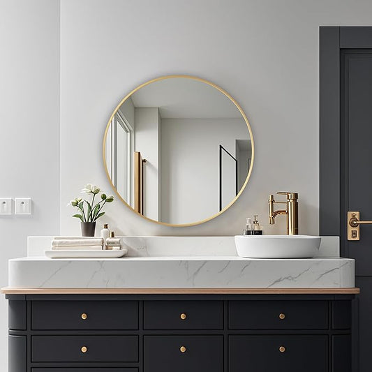 Round Mirror, Wall Mounted Circle Mirror with Brushed Metal Frame, Circular Mirrors for for Bathroom, Living Room, Vanity, Bedroom, Entryway, 24inch, Gold