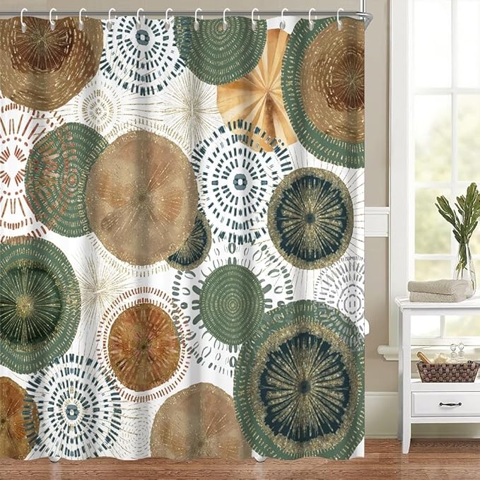 Mid Century Retro Bohemian Shower Curtain for Bathroom Green and Brown Circle Shower Curtains Abstract Geometric Design Bathroom Decor Set Washable Waterproof Polyester Fabric with Hooks 72x72 Inch