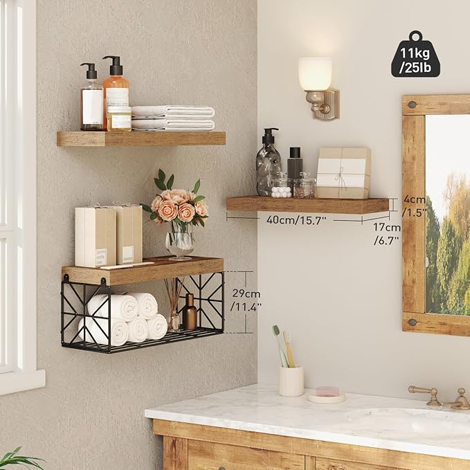 Bathroom Shelves Over Toilet Set of 3, Floating Shelves for Wall Toilet Paper Storage, 1.5" Thick Hanging Shelf, Farmhouse Wall Decor for Bathroom Living Room, Kitchen, Rustic Brown 4001BJBF