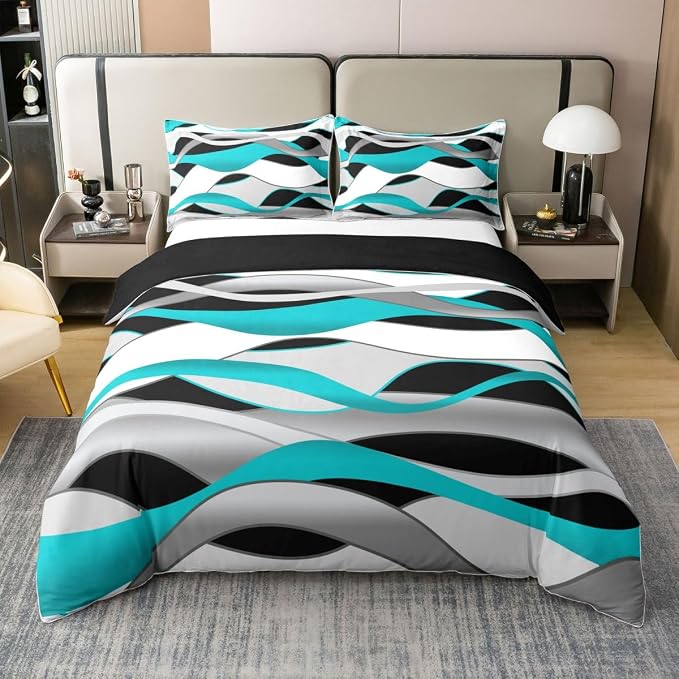 Erosebridal Teal Geometric Lines 100% Cotton Duvet Cover Queen Turquoise Striped Bedding Set for Kids Teens Adults Waves Aesthetics Stripes Comforter Cover Minimalist Art Bed Set 3 Pcs